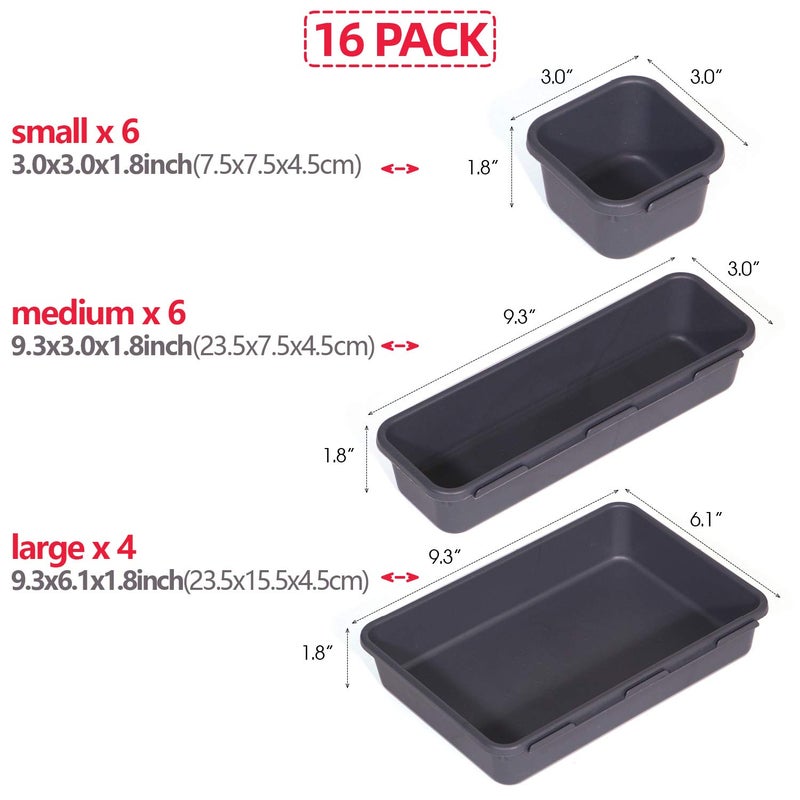 TENABORT Set of 16 Interlocking Desk Drawer Organizer Tray Dividers Plastic Shallow Narrow Drawers Organizers Separators and Storage Bins Container for Kitchen Bathroom Makeup Office Vanity Bedroom Dresser - Image 2